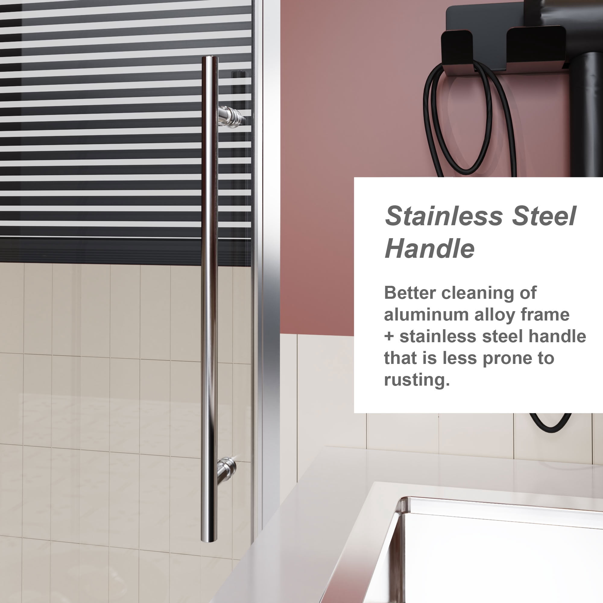 MAYEERTY Frameless Single Sliding Shower Door, Chrome Zinc Roller Rail, 1/4" Tempered Glass with Stainless Steel Handle, Waterproof & Reversible Installation