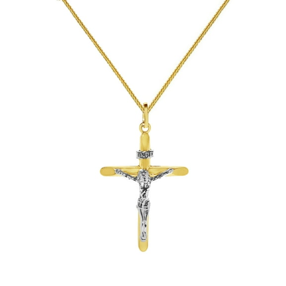 Precious Stars 14K Two-Tone Solid Gold Crucifix Religious Unisex Pendant with 16" Chain Necklace
