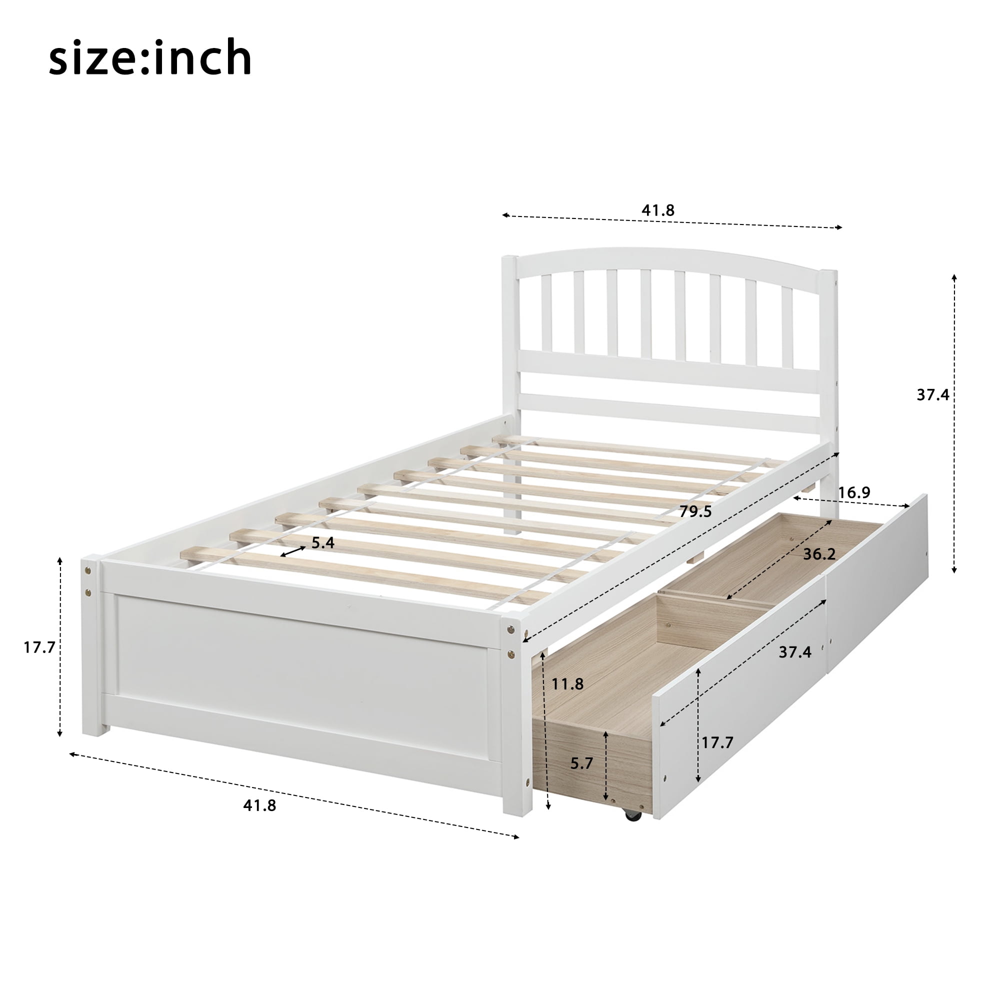 Hommoo Twin Platform Storage Bed Wood Bed Frame with Two Drawers and Headboard, White