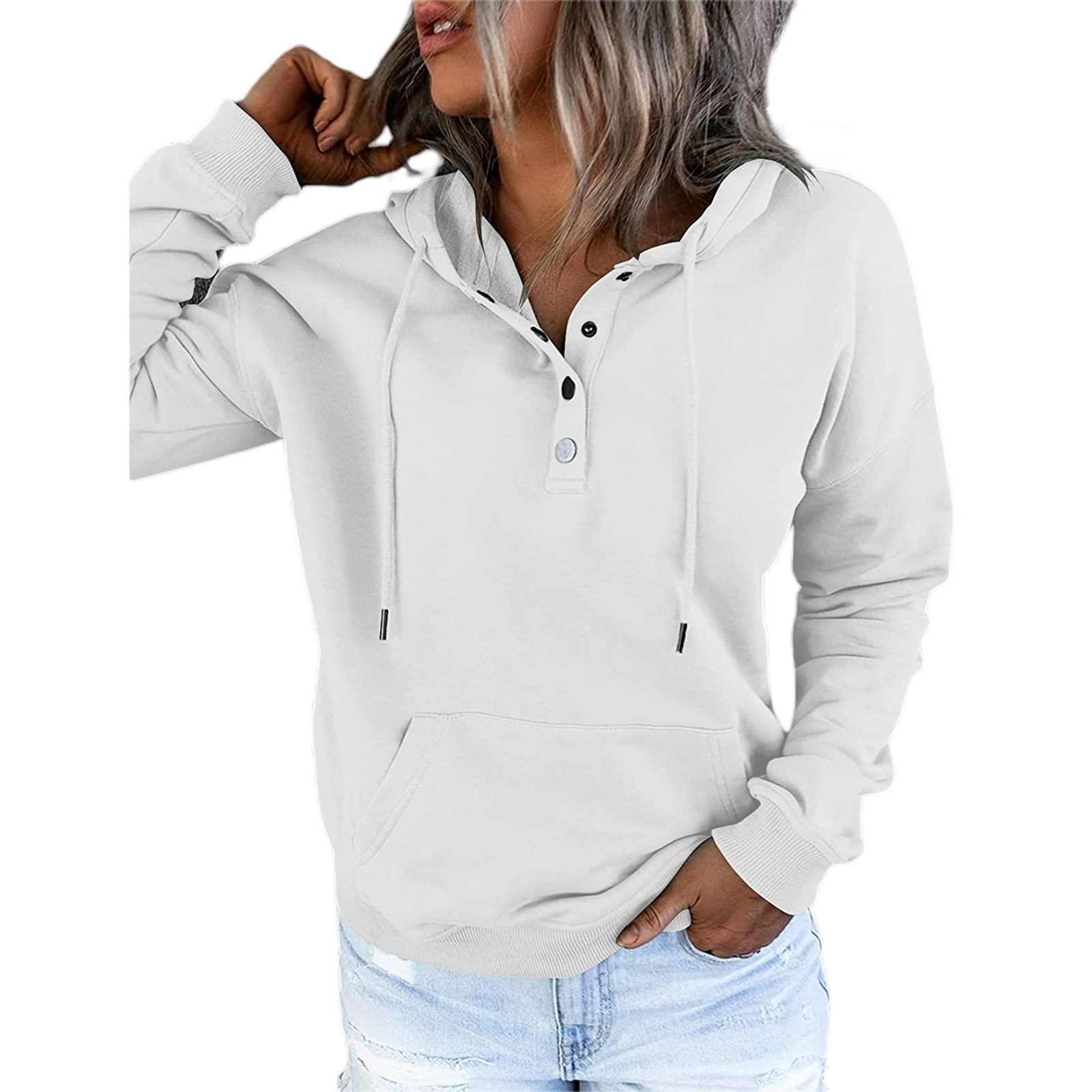Womens Solid Color Loose Drawstring Pocket Hoodie Pullover Tops