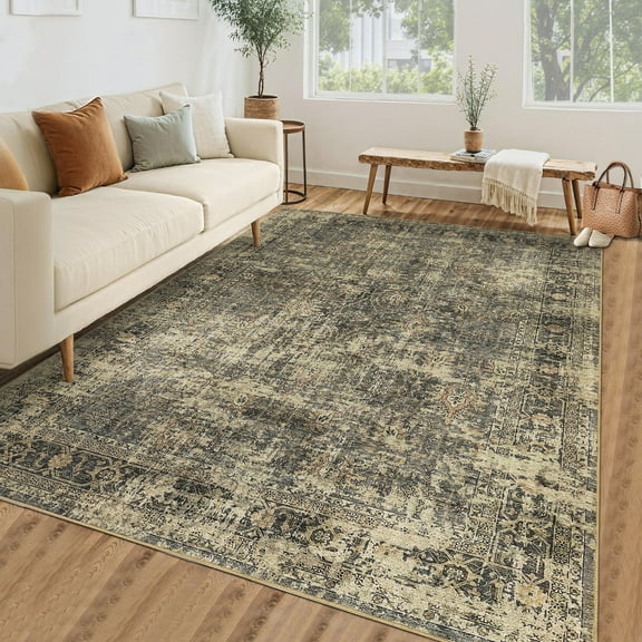 HOMERRY Area Rug 5' x 7' Rugs for Living Room Modern Washable Indoor Floral Print Carpet, Taupe/Green