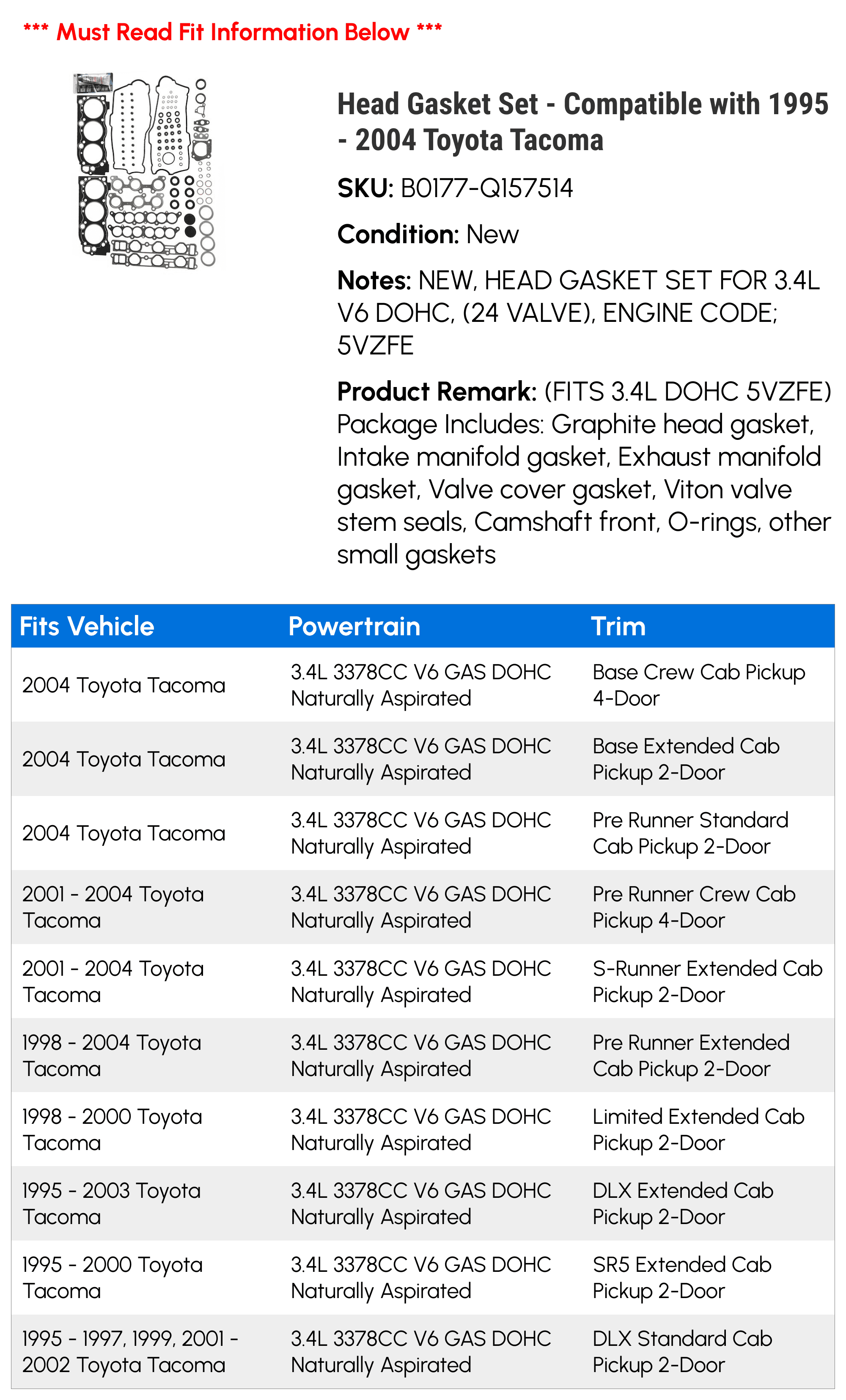 Head Gasket Set - Compatible with 1995 - 2004 Toyota Tacoma 1996 1997 1998 1999 2000 2001 2002 2003