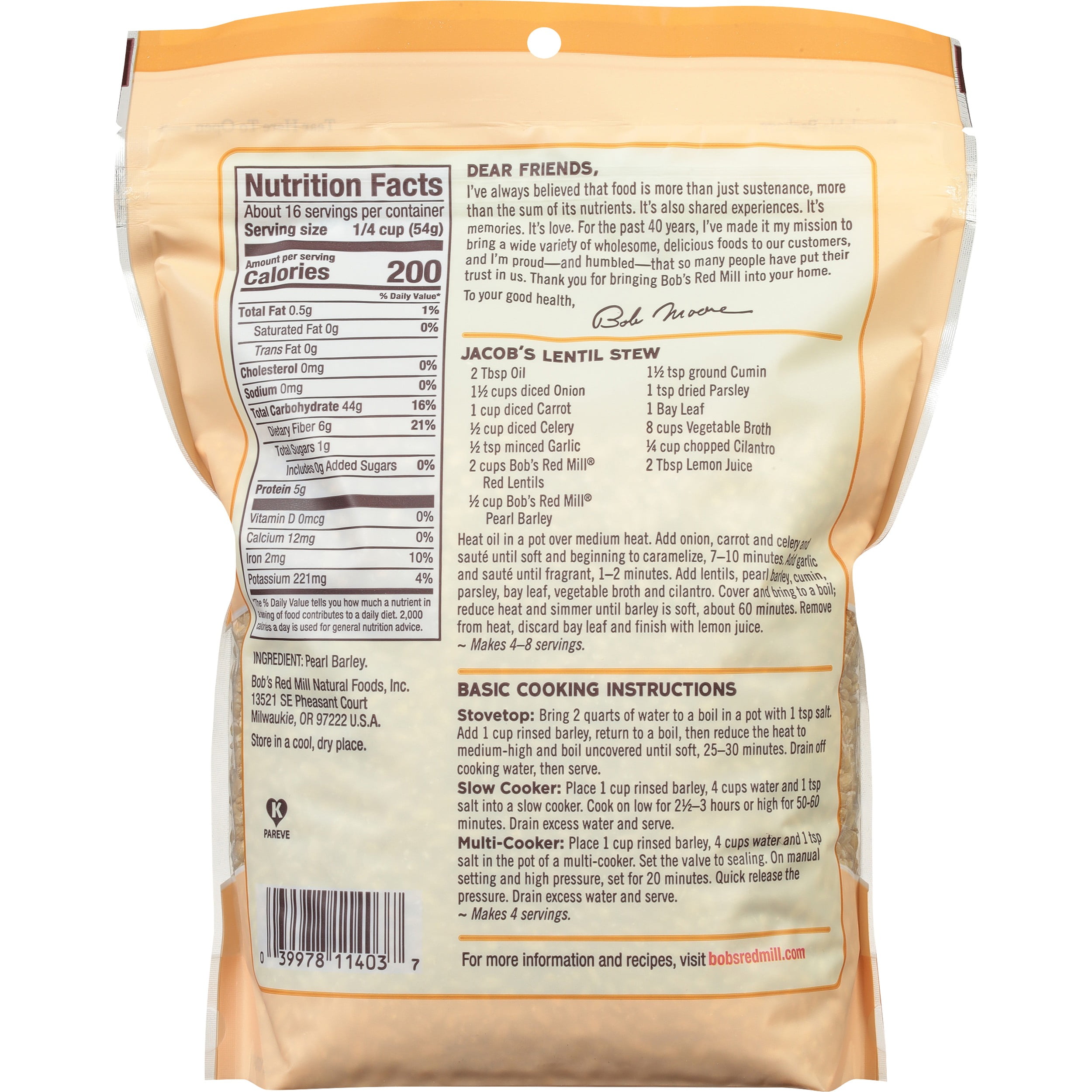 Bob's Red Mill Pearl Barley, 30 oz Pkg