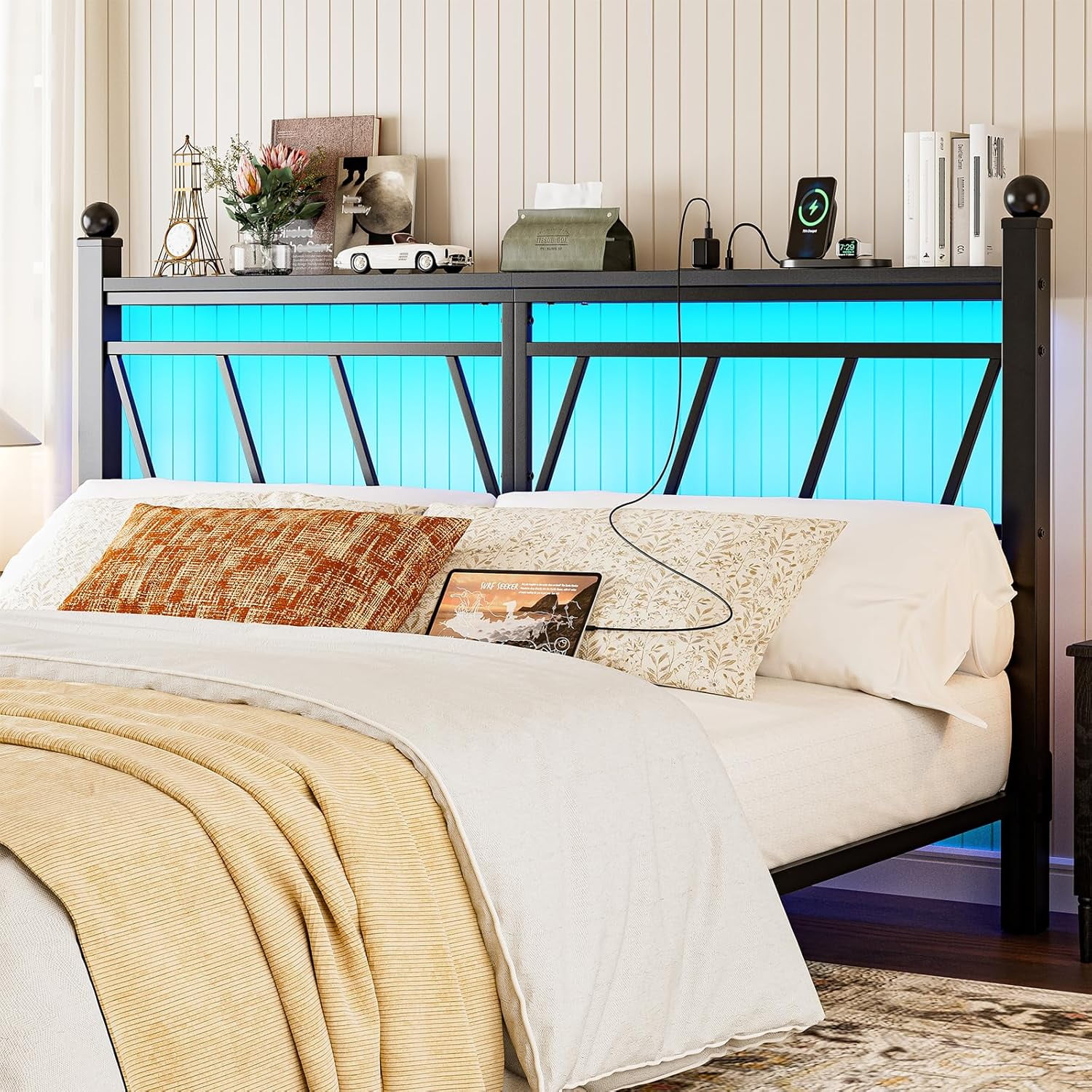 ARICOEASY Metal King Size Storage Headboard with LED Lights, Modern King Head Board with Outlets, USB & Type C Port, Farmhouse Vintage Style, Easy Assembly, Black