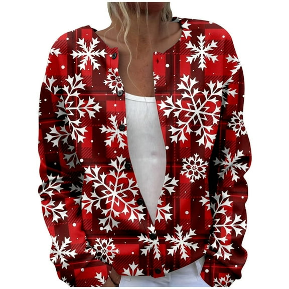 Luwomo Womens Claus Christmas Cardigans Stylish Santa Snowflake Print Button Down Long Sleeve Autumn Winter Holiday Festive Cozy Soft Knitwear Outerwear Jacket Regular Coat Blouses,A-Red,L