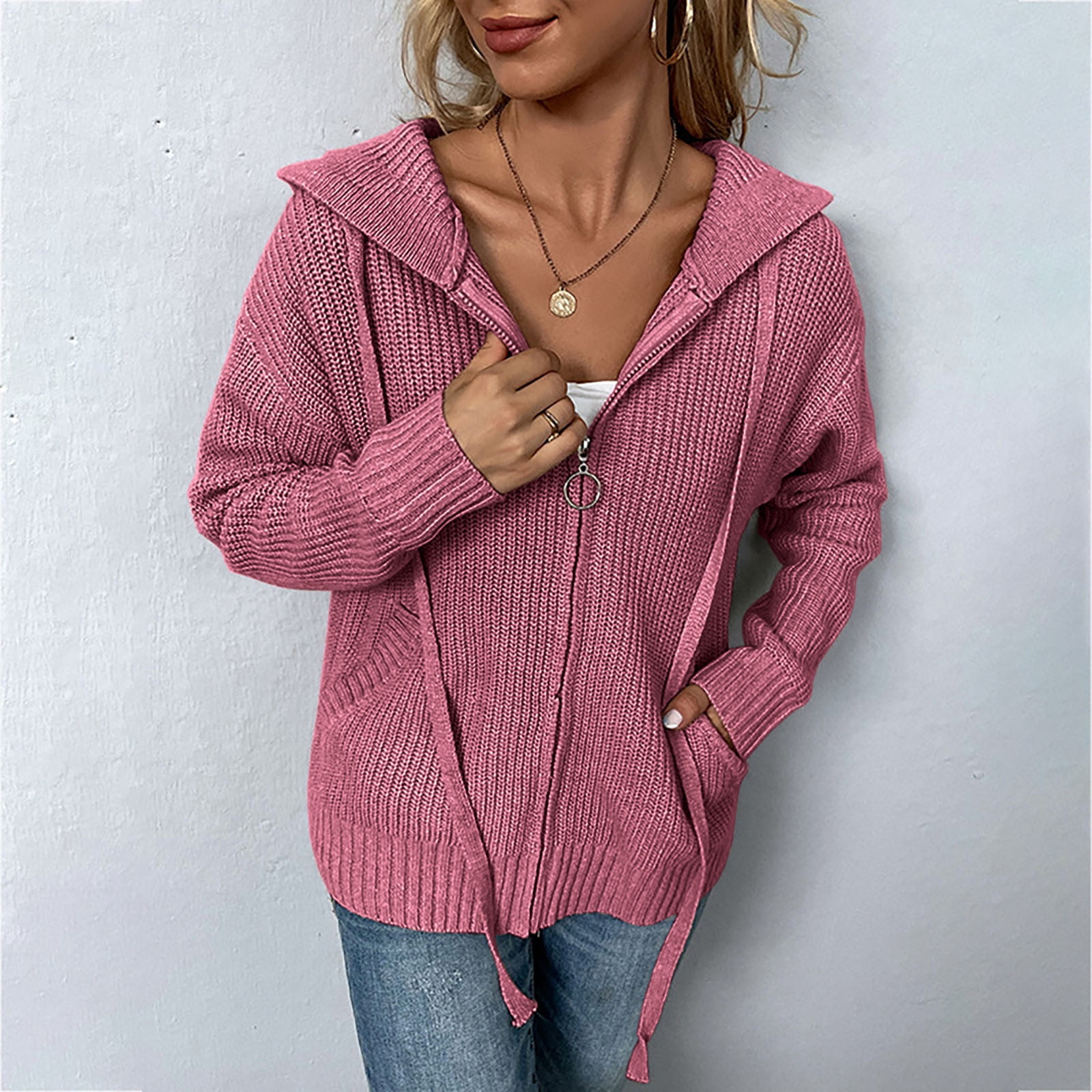 Uorcsa Wedding Pocket Solid Color Knitting Long Sleeve Cardigan Women Coat Pink