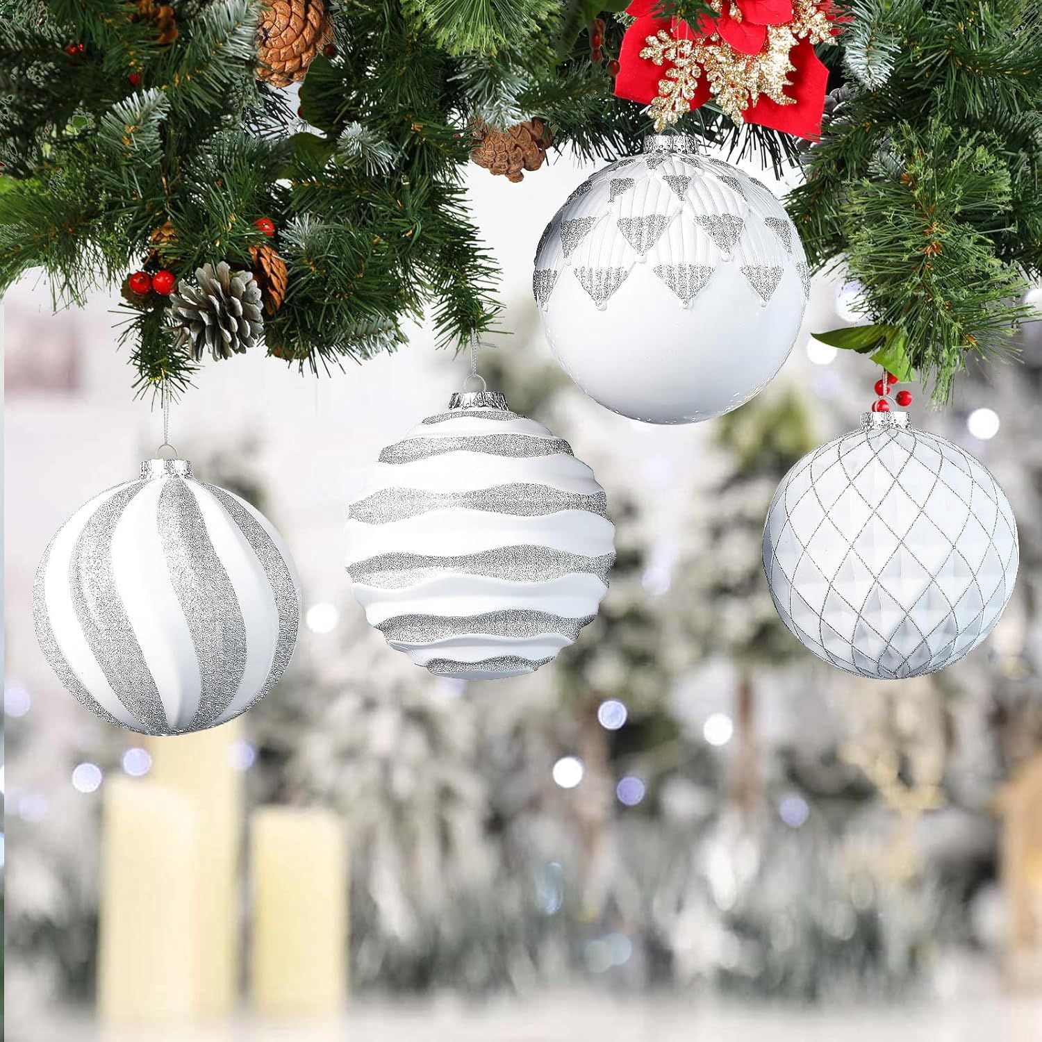 6"/150mm Large Christmas Ball Ornaments, 4Pcs Christmas Tree Decor, Shatterproof Hanging Decorations with Hooks, White & Silver Baubles for Xmas Tree, Wedding, Holiday and Party Decor