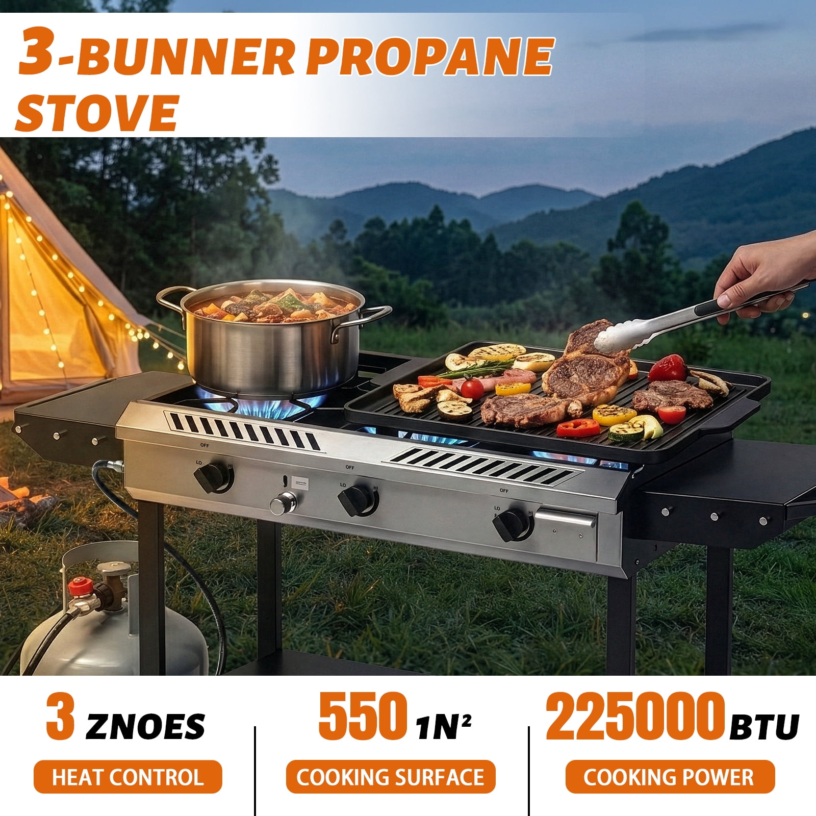 Ktaxon 3 Burner Propane Stove Gas Cooker with Auto Ignition,Side Shelf,225,000 BTU for Outdoor Cooking