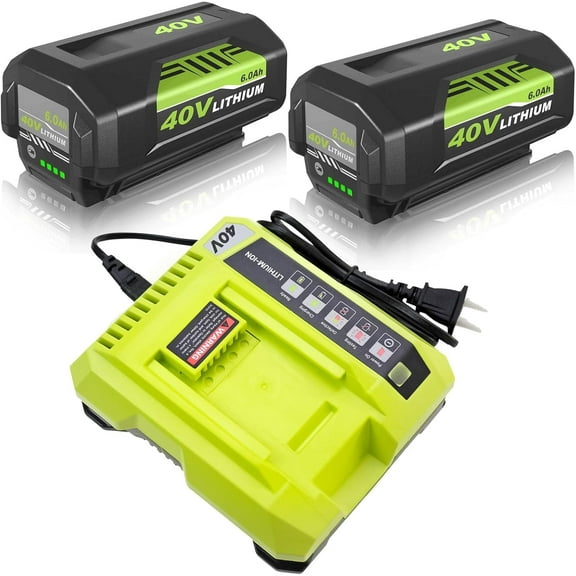 2Pack 6.0Ah Replacement OP4026 Battery   OP401 Charger for Ryobi 40V Battery and Charger Combo OP40602 OP40501 OP40401 OP4050A OP4040 OP4030 Compatible with Ryobi 40 Volt Battery and Power Tools