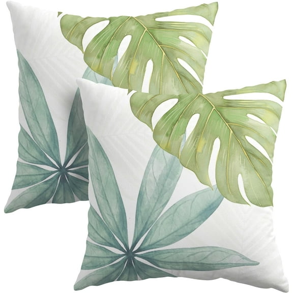 Tropical Leaves Pillow Covers 16x16 Inch Set of 2 Watercolor Green Palm Leaf Summer Outdoor Throw Pillow Covers Monstera Botanical Plant Pillow Cases Cotton Linen Cushion Covers for Couch Home Decor