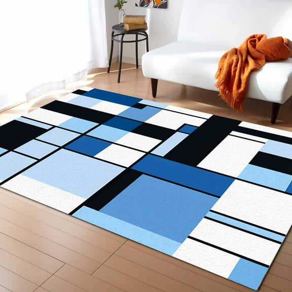 Area Rugs Indoor Non-Slip Rectangle Rug 4x6 Ft Abstract Medieval Blue Black Geometrical Rug Rubber Backing Floor Mats Non Shedding Home Decor Carpet for Entryway Living Room