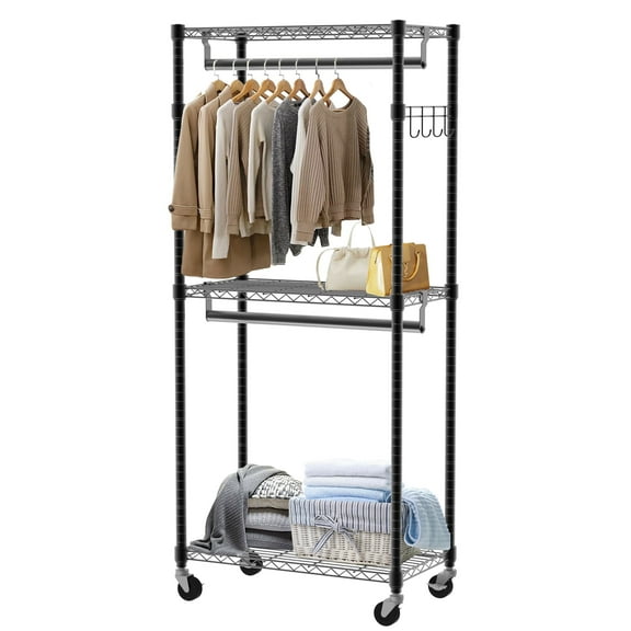 edx 3 Tier Heavy Duty Rolling Garment Rack with Lockable Rollers,Freestanding Clothing Rack,Black,29.53"W x 15.75"D x 75.59"H