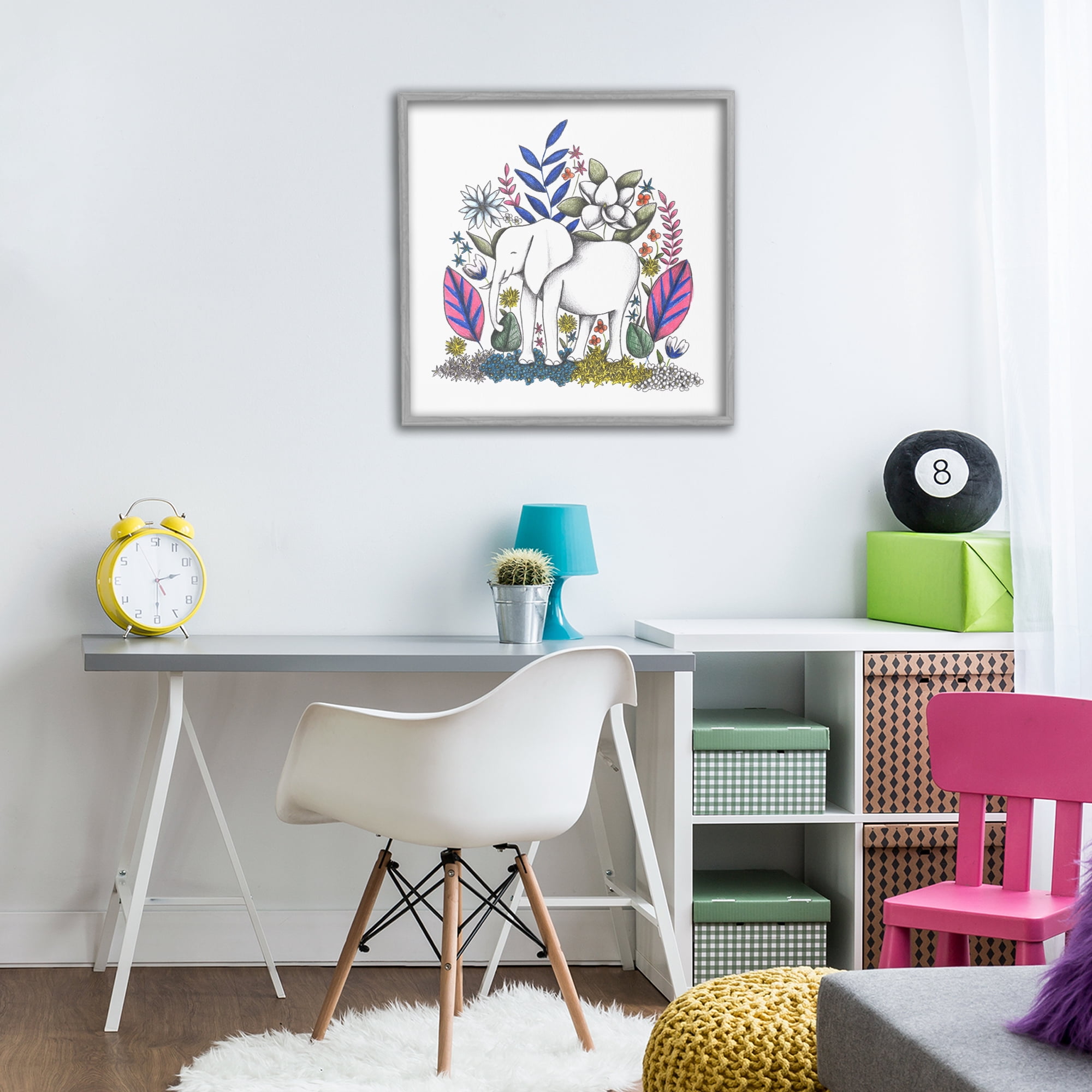 Elephant in Midst of Flowers Gray Framed Giclee Art, design by Cecilia Battaini