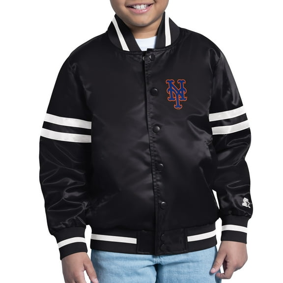 Youth Starter Black New York Mets Team Logo Full-Snap Satin Varsity Jacket