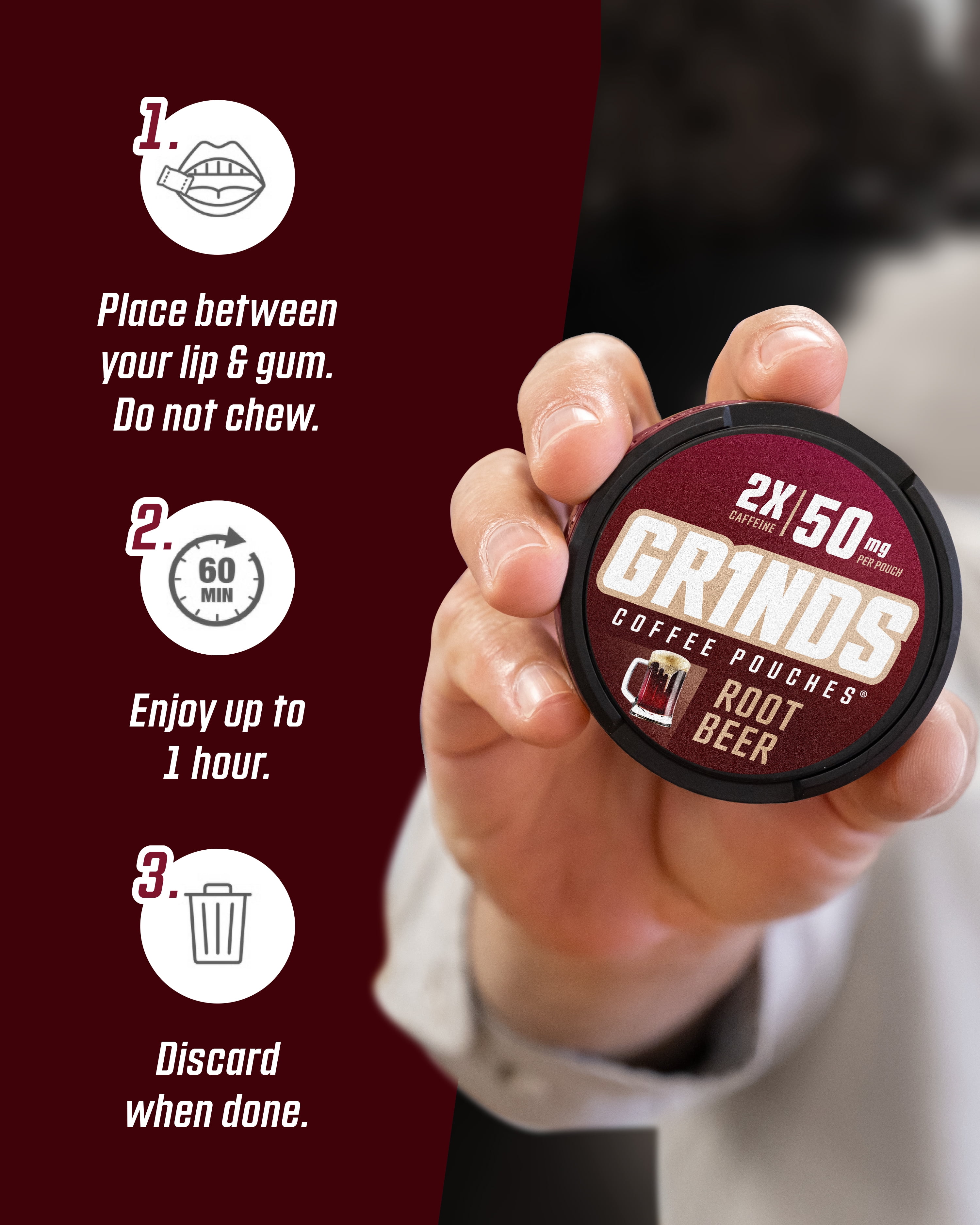 (5 pack) Grinds Coffee Pouches Root Beer Flavor, Tobacco/Nicotine Free, 50 mg Caffeine