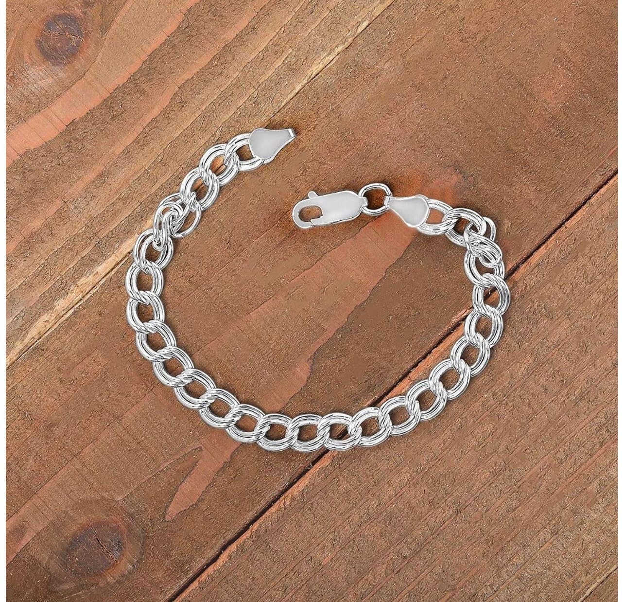 925 Sterling Silver Double Link Charm Bracelet 4 5 6 7 8MM Width: 6mm, Bracelet length: 9