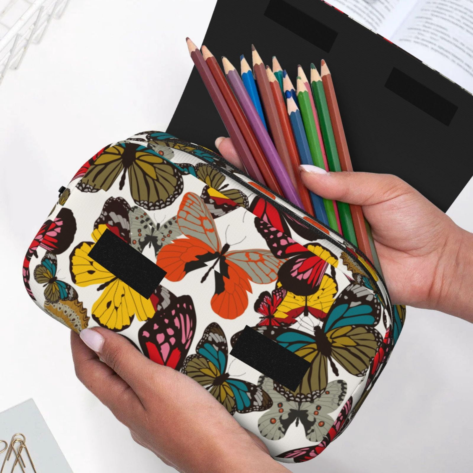 Rateoe Retro Floral Butterfly Pattern Double Clamshell Pen Case, Storage Organizer with Two Zipper Compartments– Holds Up to 50 Pencils & Pens