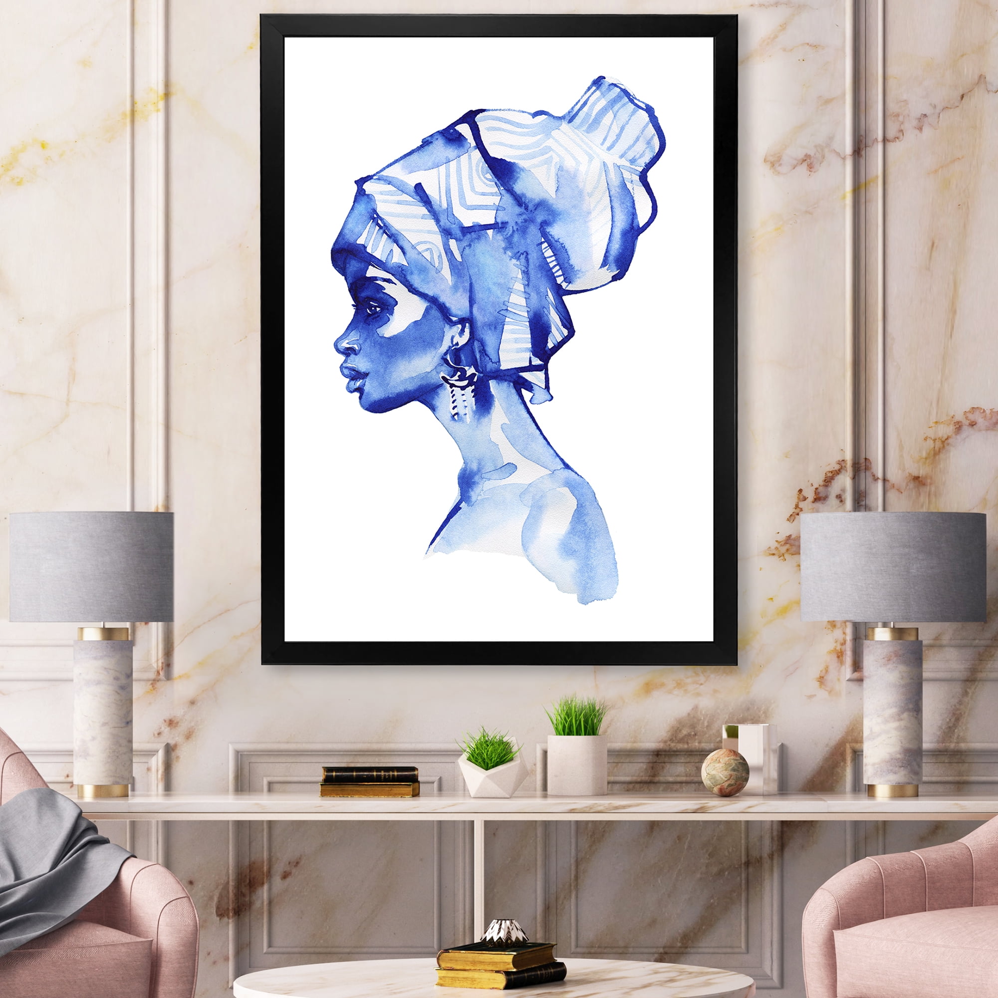 Designart 'Afro American Woman Blue Fashion Portrait' Modern Framed Art Print