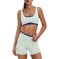 thumbnail image 2 of YHCY Womens Striped Workout Sets 2 Piece Double Layer Yoga Set Wide Strap Sports T Shirt Bra Elastic High Waisted Tummy Control Biker Shorts Stretchy Soft Lounge Athletic Sets Light Green L, 2 of 7