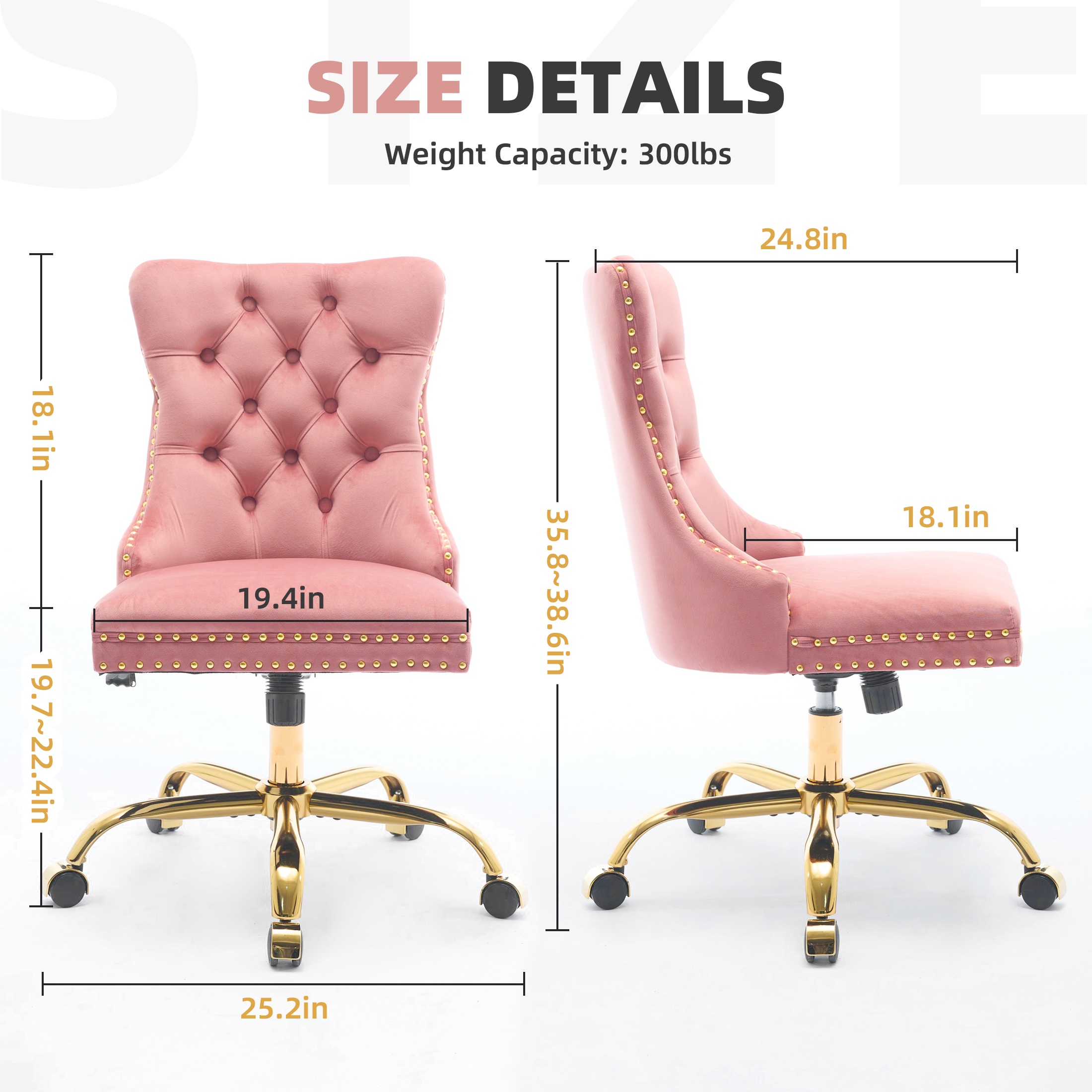PAPROOS Vanity Chair, Swivel Home Office Chair, Ergonomic Home Desk Chair with Golden Metal Base, Adjustable Height, Velvet Upholstered Tufted Button Task Chair, Pink