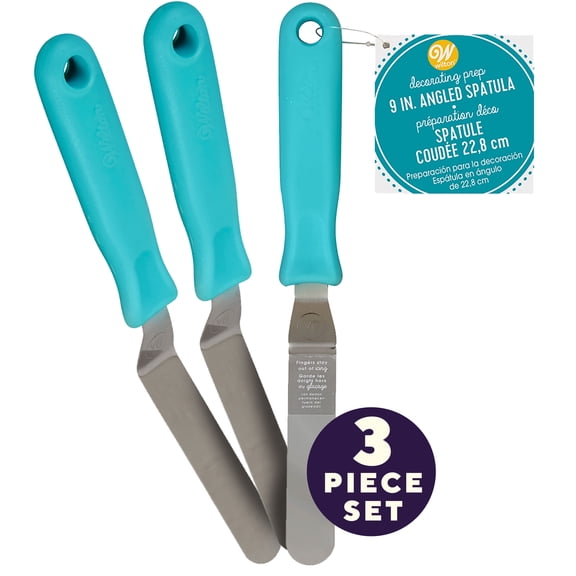 Wilton 9-Inch Angled Icing Spatula Set of 3 Turquoise Handle Stainless Steel Cake Frosting & Baking Tool