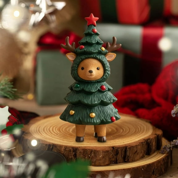 Cute Animal Christmas Tree Figurines, Adorable Resin Ornaments for Holiday Table or Mantel Decor, Small Xmas Gifts for Kids Family Friends and Whimsical Festive Display