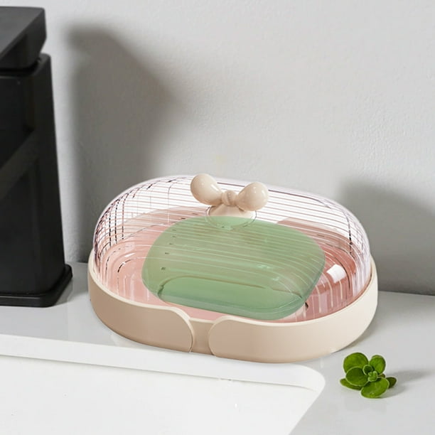Jabonera de plástico con bandeja de drenaje - Portajabones color Macaron para lavabo, ducha y cocina - 5,51x3,86x2,91 pulgadas, rosa blanco verde