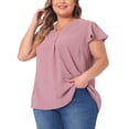 thumbnail image 2 of DARING DIVA Women's Plus Swiss Dots Notched Neck Ruffle Sleeve Top 1X Gray Purple, 2 of 6