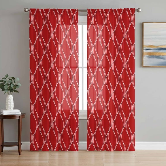 Sheer Curtains 63 Inch Length 2 Panels Set for Bedroom, Red White Stripes Semi Sheer Curtains for Windows, Simple Geometric Modern Monochrome Voile Window Treatments Rod Pocket Curtain