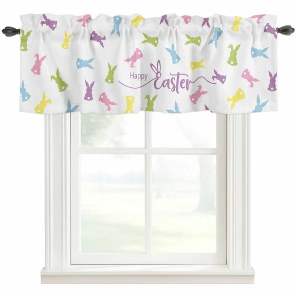 Bunny Easter Rod Pocket Curtain Valance, Spring Rabbits Modern Art Farmhouse Window Valance for Living Room, Bedroom, Kitchen 42"W x 12"L