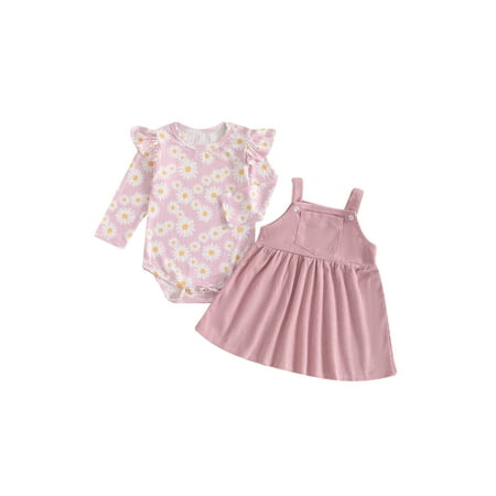 

Wilcliar Baby Girls Dress Outfit Daisy Print Long Sleeve Romper with Solid Color Suspender Skirt