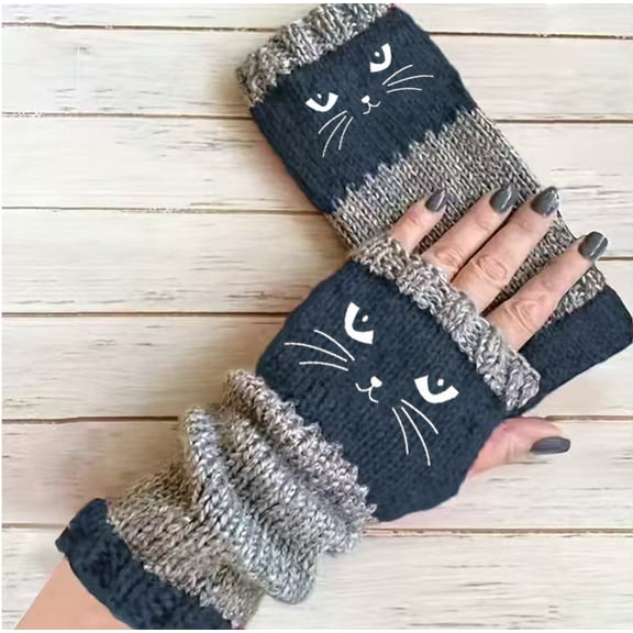 Women’s Knitted Fingerless Gloves with Cute Cat Embroidery - Cat Embroidery Splicing Knitted Gloves, Warm Glove(1Pair, Blue)