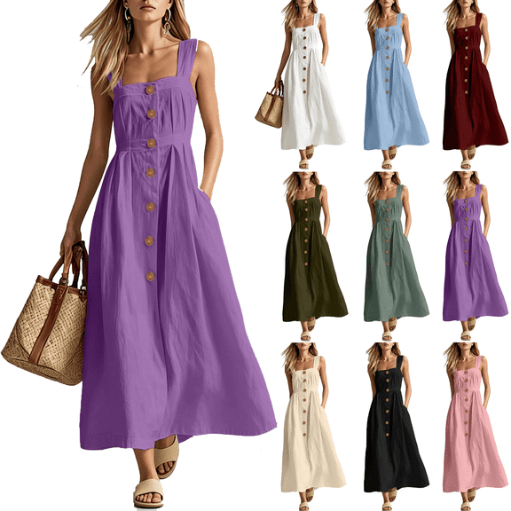 Summer Dresses for Women Casual Square Neck Sleeveless Smocked Maxi Sundress Party Wedding Guest Cotton Linen Dress,Sizes S-3XL