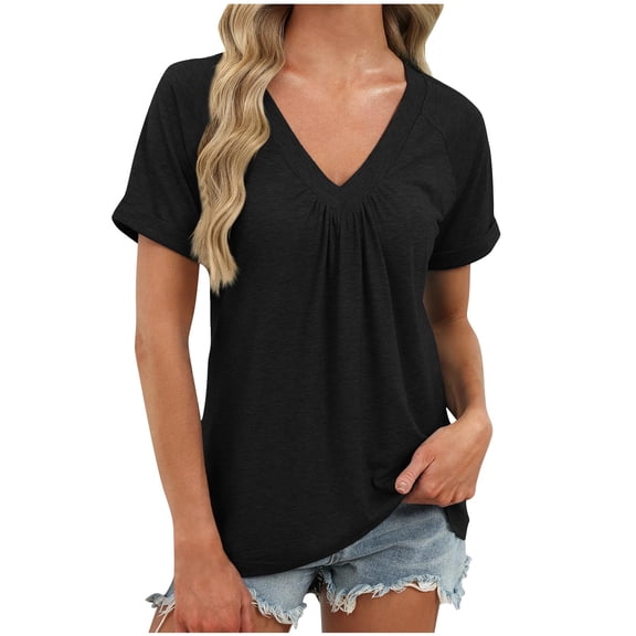 MaFYtyTPR Women's V-Neck Pleated Tops Casual Fashion Solid Color Summer Short Sleeve Loose Comfy Blouse Black L
