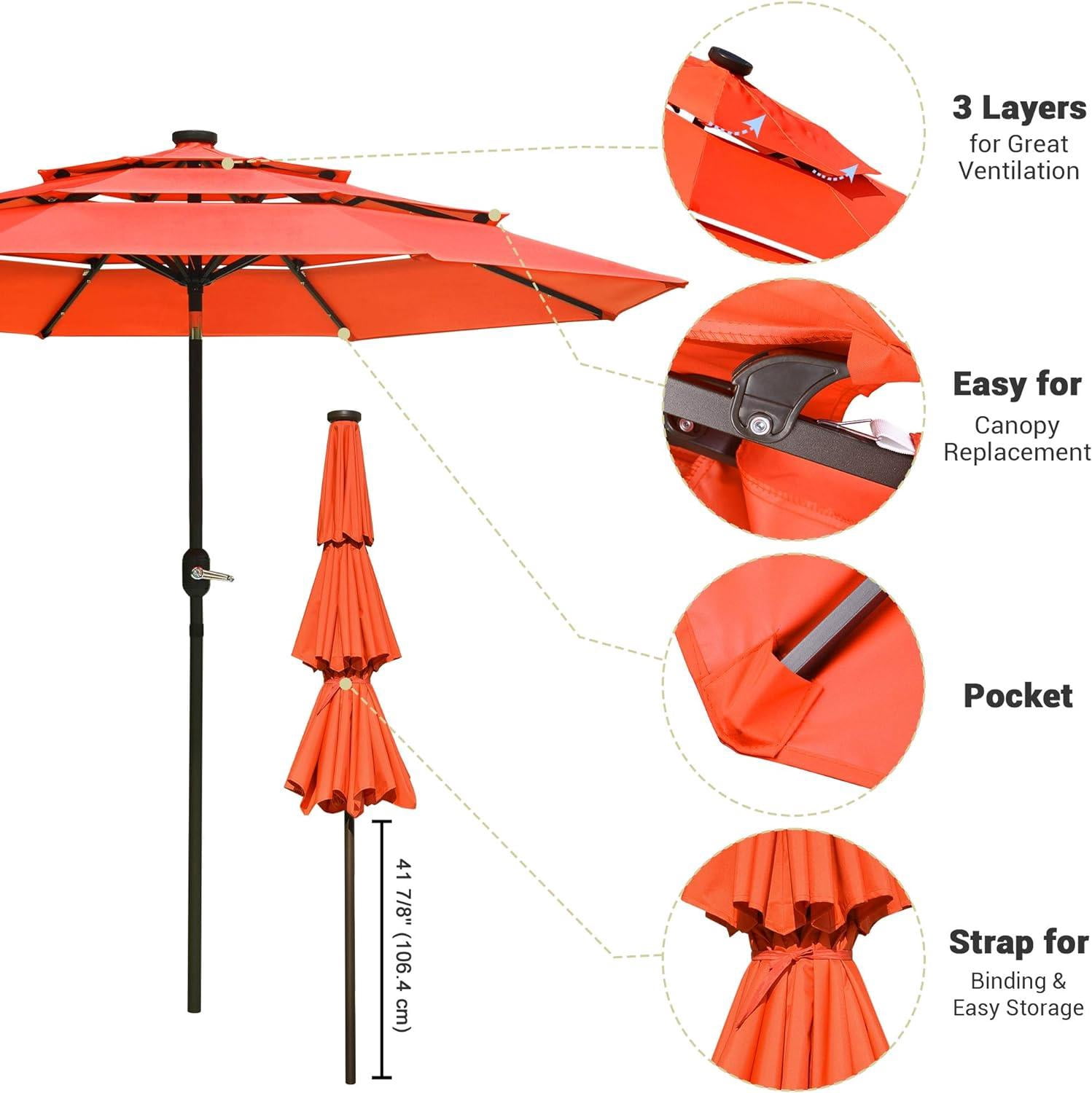10ft Solar LED Outdoor Market Tilt Patio Umbrella, Cherry Tomato