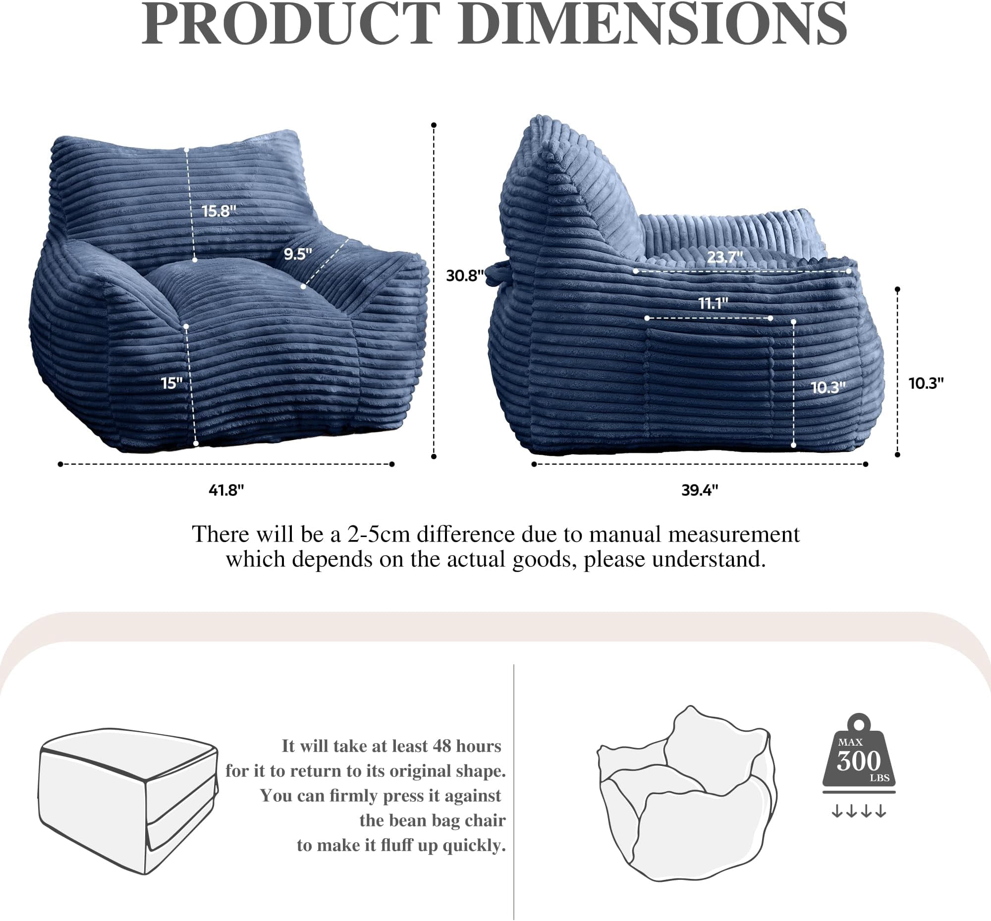 JESTOP Bean Bag Chair for Adults with Armrests, Lazy Floor Sofa Cozy Single Cloud Mini Couch, Corduroy Reading Chair for Living Room Bedroom