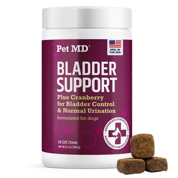 Pet MD Bladder Support Plus Cranberry for Dogs - Support Bladder Control & Urinary Tract Health - Help Relieve Dog UTI & Incontinence - Wild Yam Root & Cranberry Bladder Bites for Dogs - 60 ct