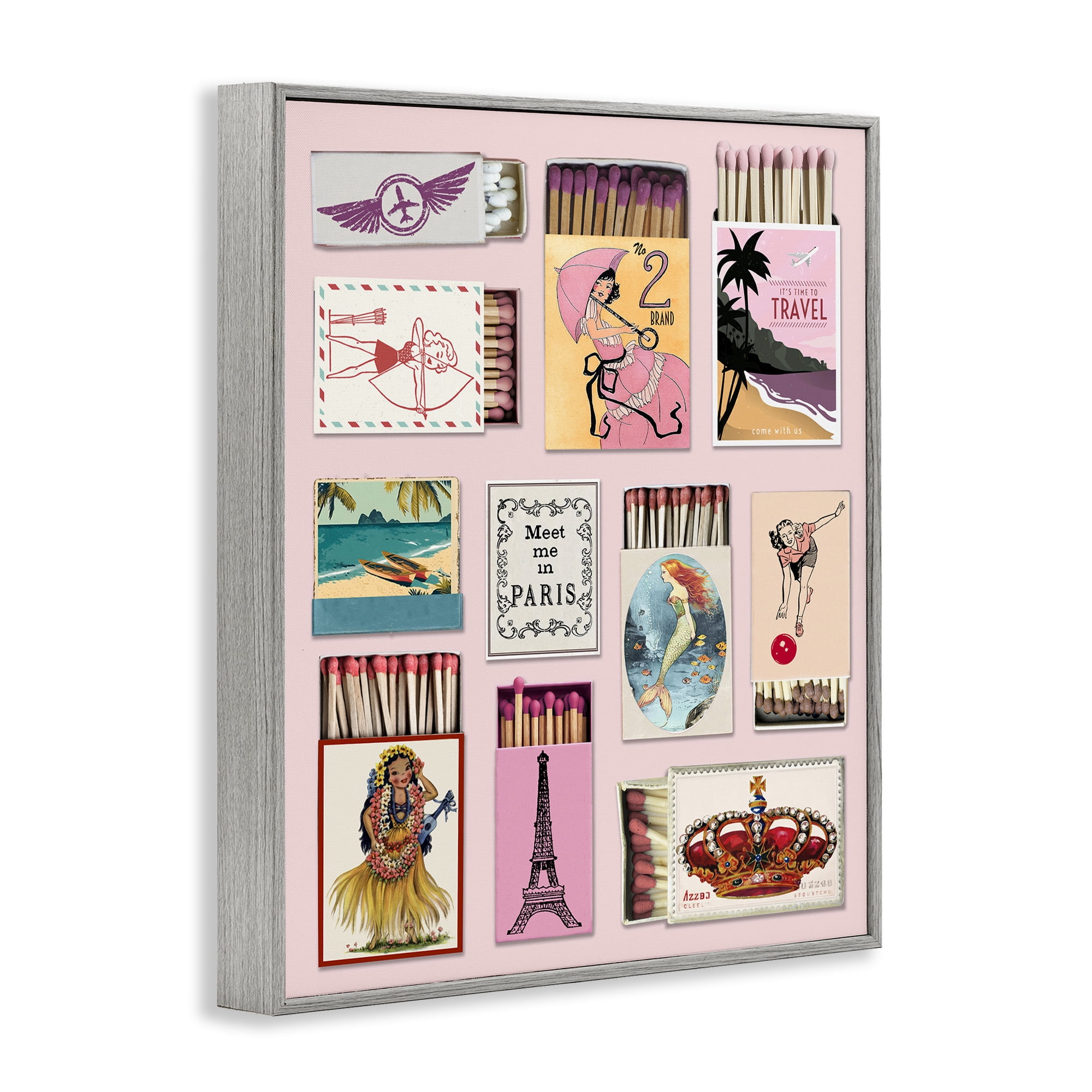 Stupell Industries Vintage Travel Matchbook Montage Gray Framed Giclee Art, design by CAD Designs