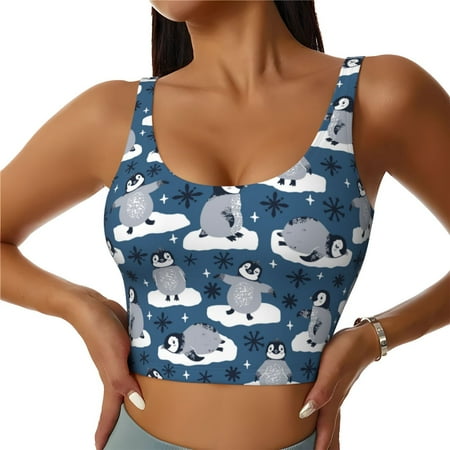 Jgfou Snow Penguin Print Womens Sports Bra - Padded Workout Sports Bras Crop Tank Top