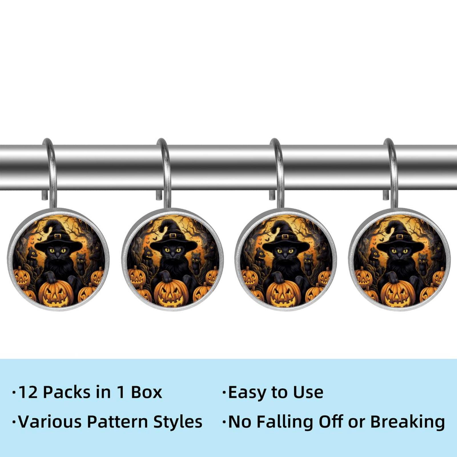12pcs Decorative Shower Curtain Hooks, Rust Resistant Shower Rings for Bathroom Living Room,Rustproof Stainless Steel Rings for Shower Curtain and Liner Rods,Halloween Cat Q