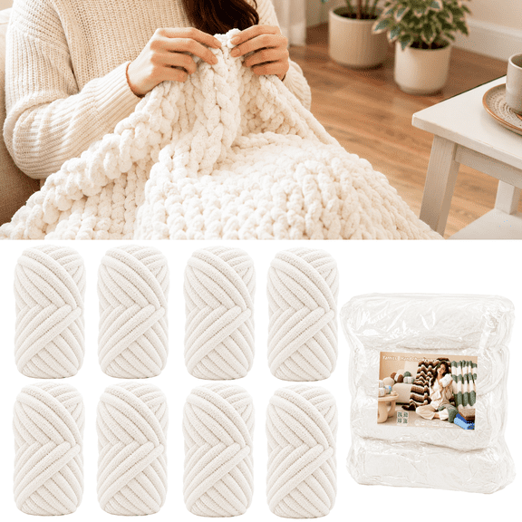 Yarniss Chunky Chenille Yarn, 8 Rolls of 27.34 Yds / 8.71 oz, Buky Thick Yarn for Crochet, Knitting Blankets Cream