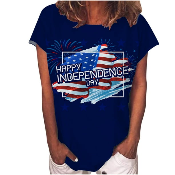 Blusa informal de manga corta con estampado del Día de la Independencia para mujer Fridja hjk5287