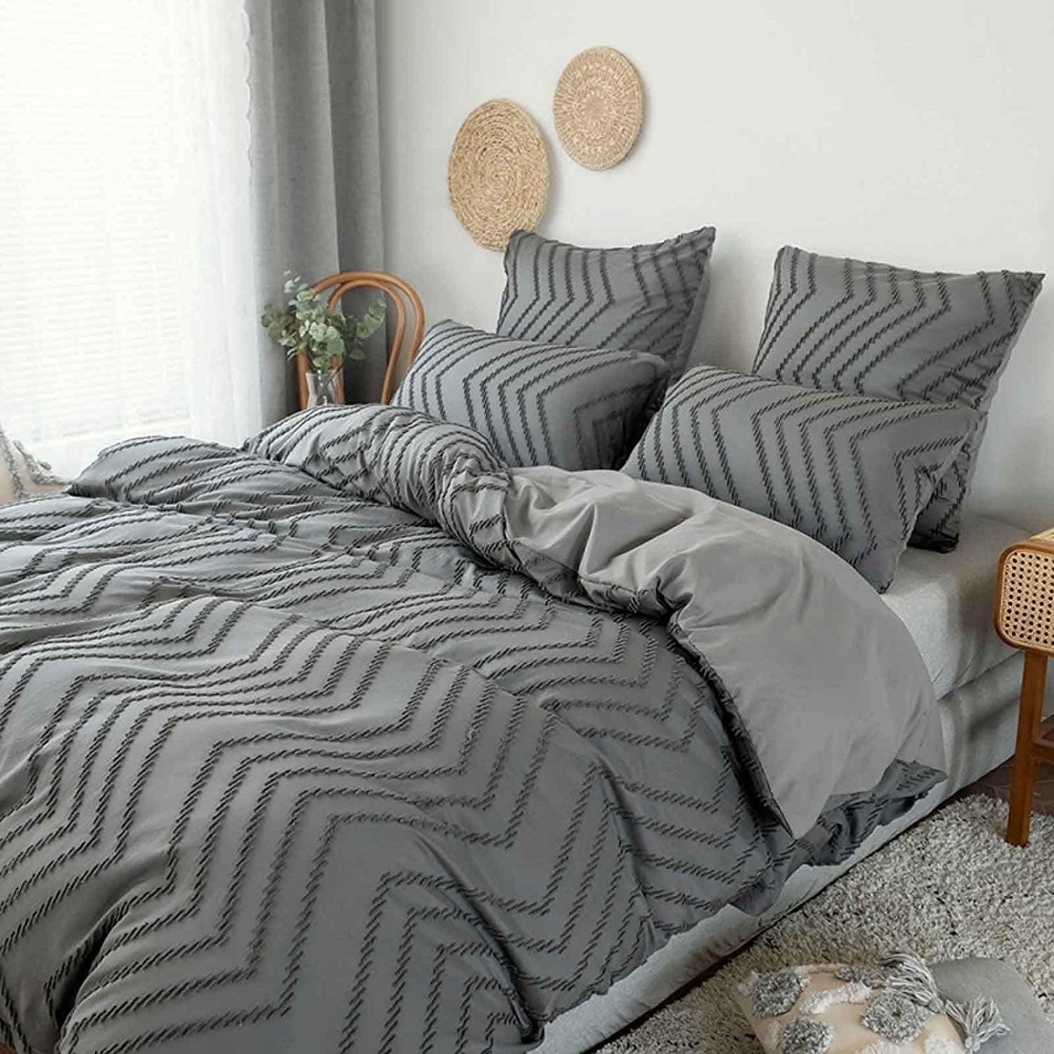 Seasonwood Queen Duvet Cover Gray Tufted Jacquard Microfiber Bedding Set 3pcs 90" x 90"