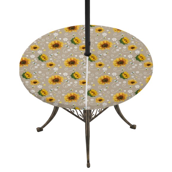 Round Outdoor Tablecloth with Umbrella Hole and Zipper, Brown Yellow Sunflower Tablecloth with Elastic Waterproof, Summer Botanical Farmhouse Floral Patio Table Covers for 36" - 44" Pool Tables