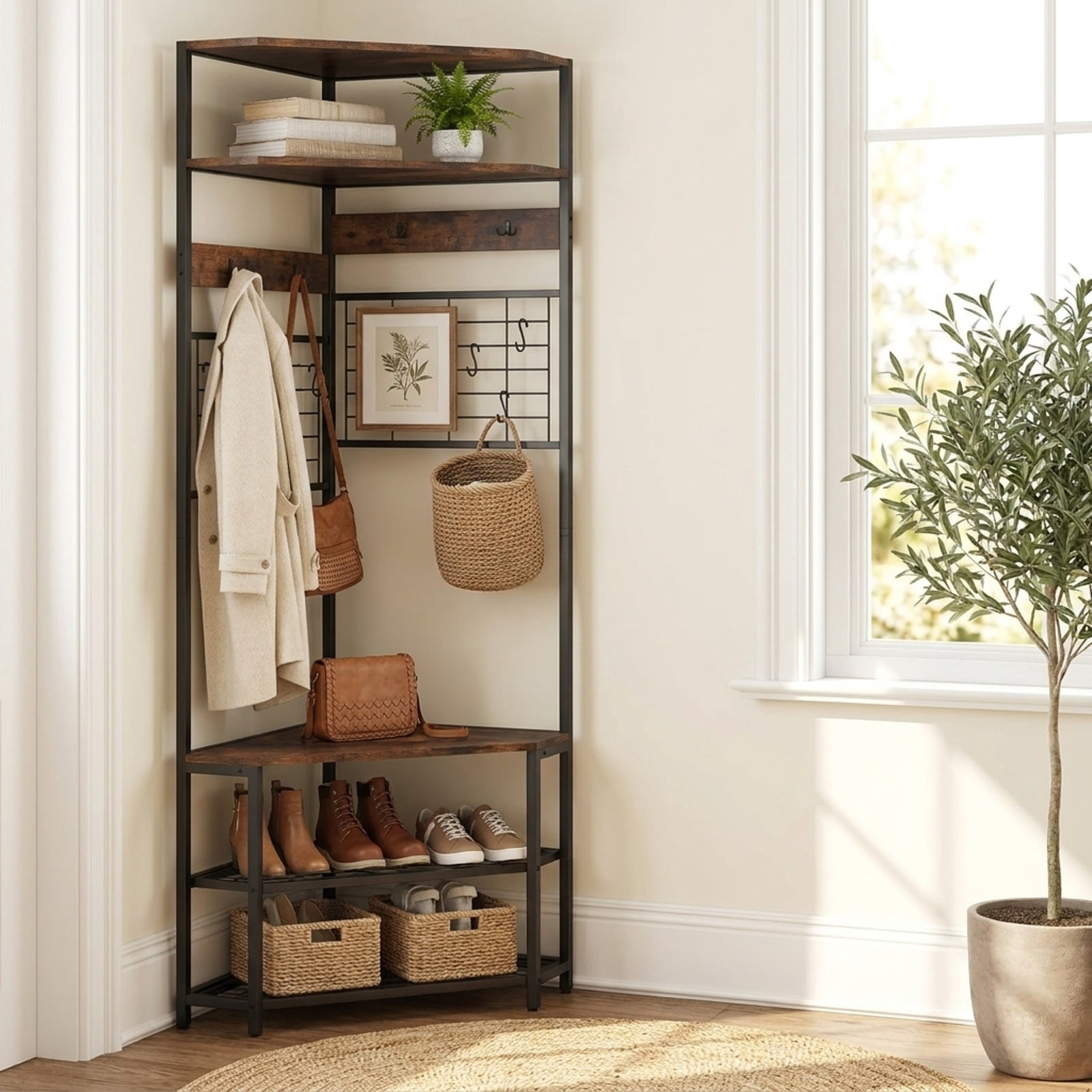 Furnibear 5 Tier Corner Hall Tree with Shoe Storage Bench and Coat Hooks for Entryway and Hallway and Bedroom, Rustic Brown