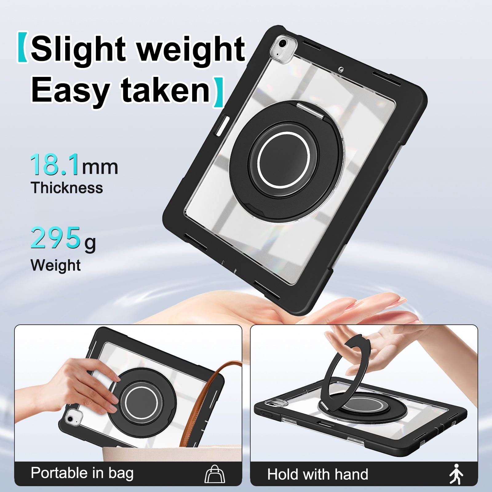 XYX Shockproof Tablet Case for iPad Air 13 inch M3 2025/iPad Air 13 inch M2 2024 with 360 Rotating Stand, Slim Lightweight with Pencil Holder, Black