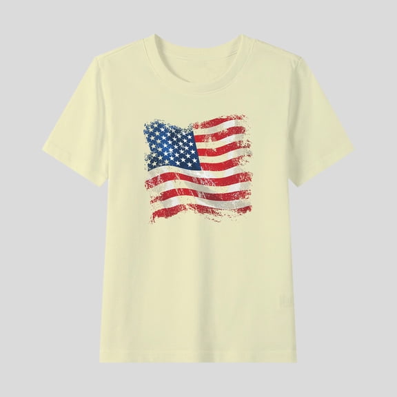 Kids Summer New Tops Independence Day Flag Graphic Shirts Loose Casual Short Sleeve Round Neck Cotton T-Shirts Beige 2-3 Years