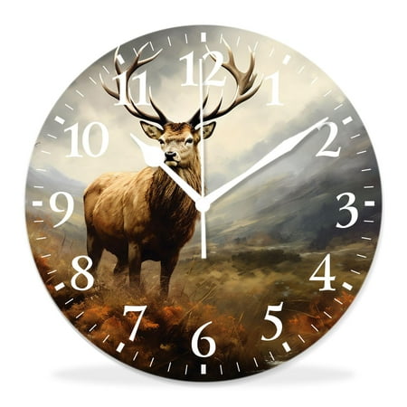 12 Inch Wall Clock Battery Operated Silent Clock Decorative for Office, Kitchen, Outdoor, Living Room，Whitetail Deer Fawn in Wilderness Countryside Lovely Pattern