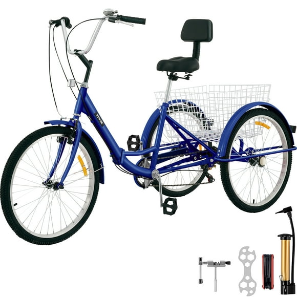 VEVOR Tricycle Adulte Pliable 24"Vélos à 3 Roues à 7 Vitesses, Tricycle Adulte avec Panier, Vélo Portatif et Pliable pour Adultes, Exercice, Shopping, Pique-Nique, Activités de Plein Air, Bleu