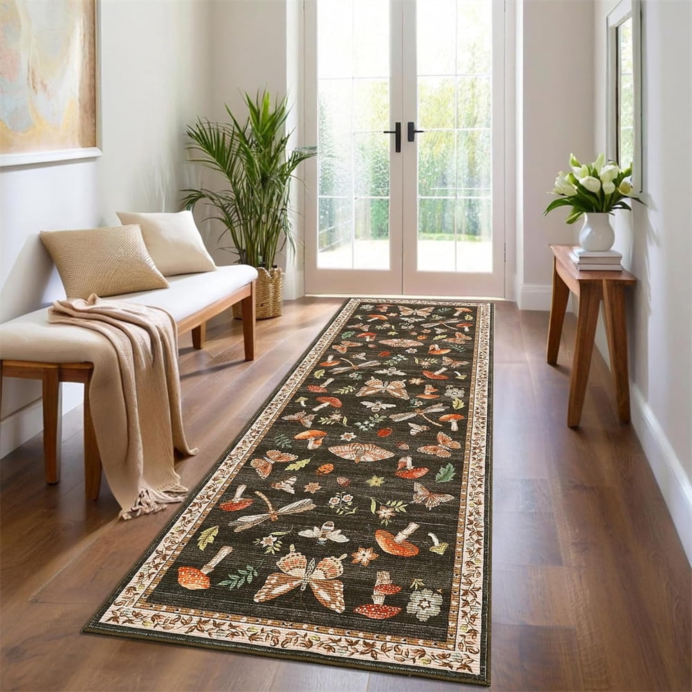 Washable Runner Rug Modern Insect Floral Print Area Rug Mushroom Carpet for Kitchen Stain Resistant Carpet with Non-Slip Backing Low Pile Floor Cover for Hallway Laundry Bedroom
